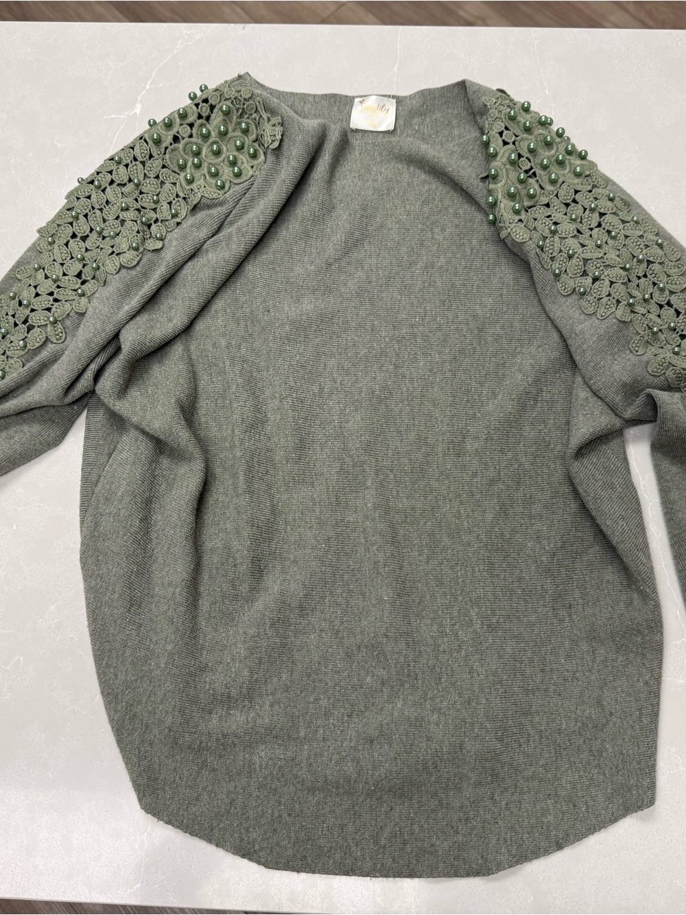 Siren Lily Olive Green Pearl & Crochet Embellished Shoulder Sweater